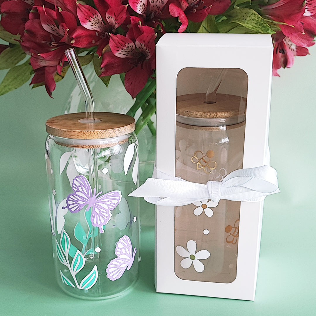 Glasbecher "Bienchen" mit Holzdeckel & Glasstrohhalm, 500 ml