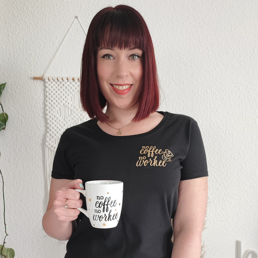 T-Shirt "no coffee, no workee", schwarz mit gold