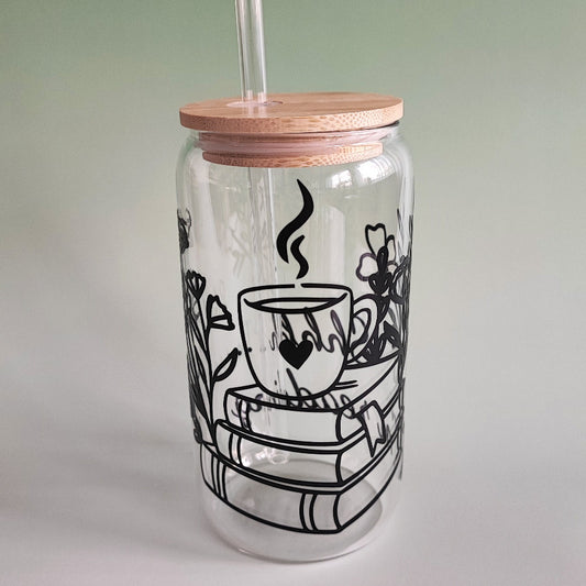 Glasbecher "I'm reading" mit Holzdeckel & Glasstrohhalm, 500 ml