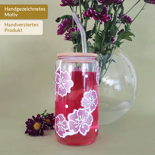 Glasbecher "Kirschblüten" mit Holzdeckel & Glasstrohhalm, 500 ml