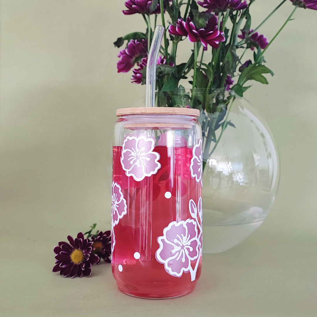 Glasbecher "Kirschblüten" mit Holzdeckel & Glasstrohhalm, 500 ml