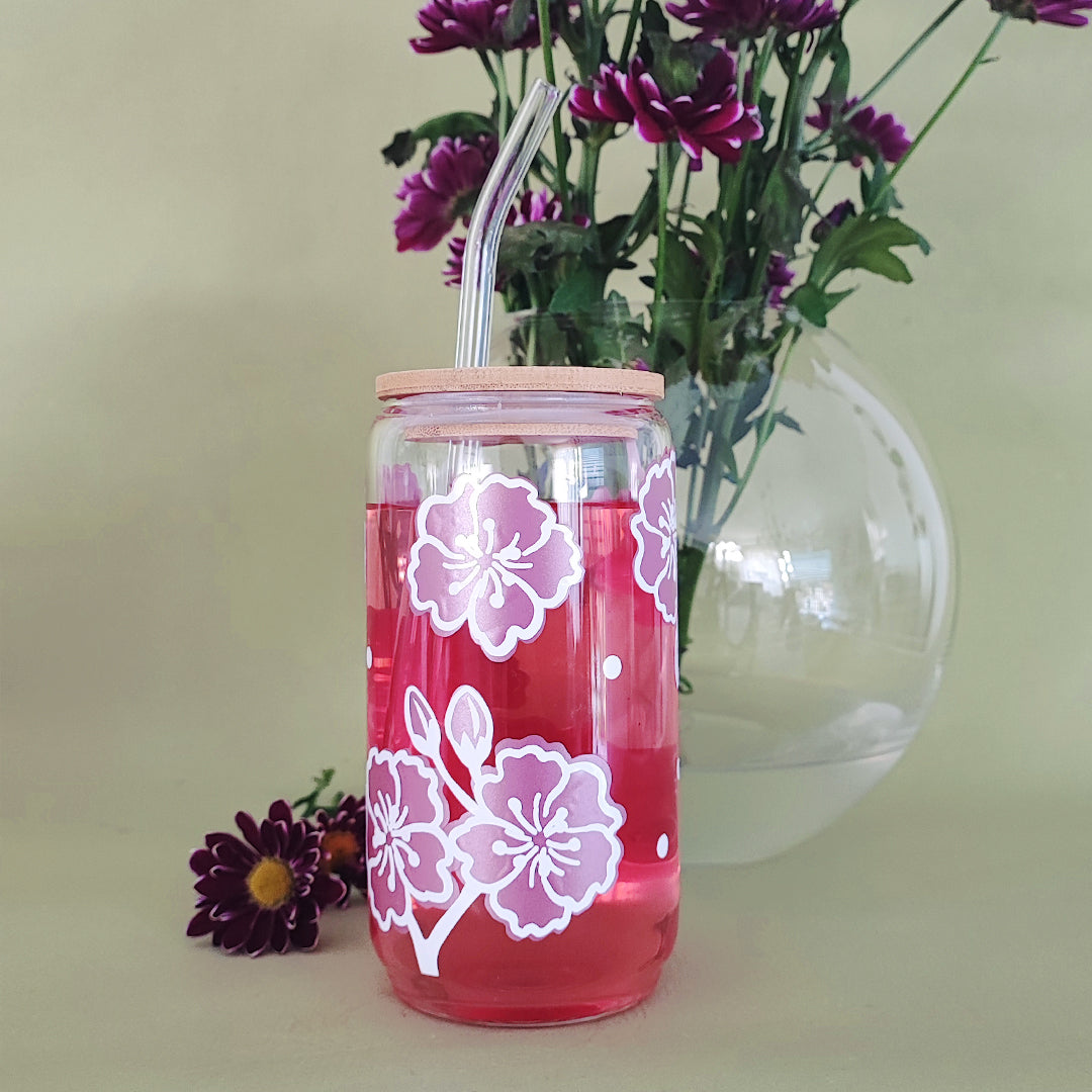 Glasbecher "Kirschblüten" mit Holzdeckel & Glasstrohhalm, 500 ml