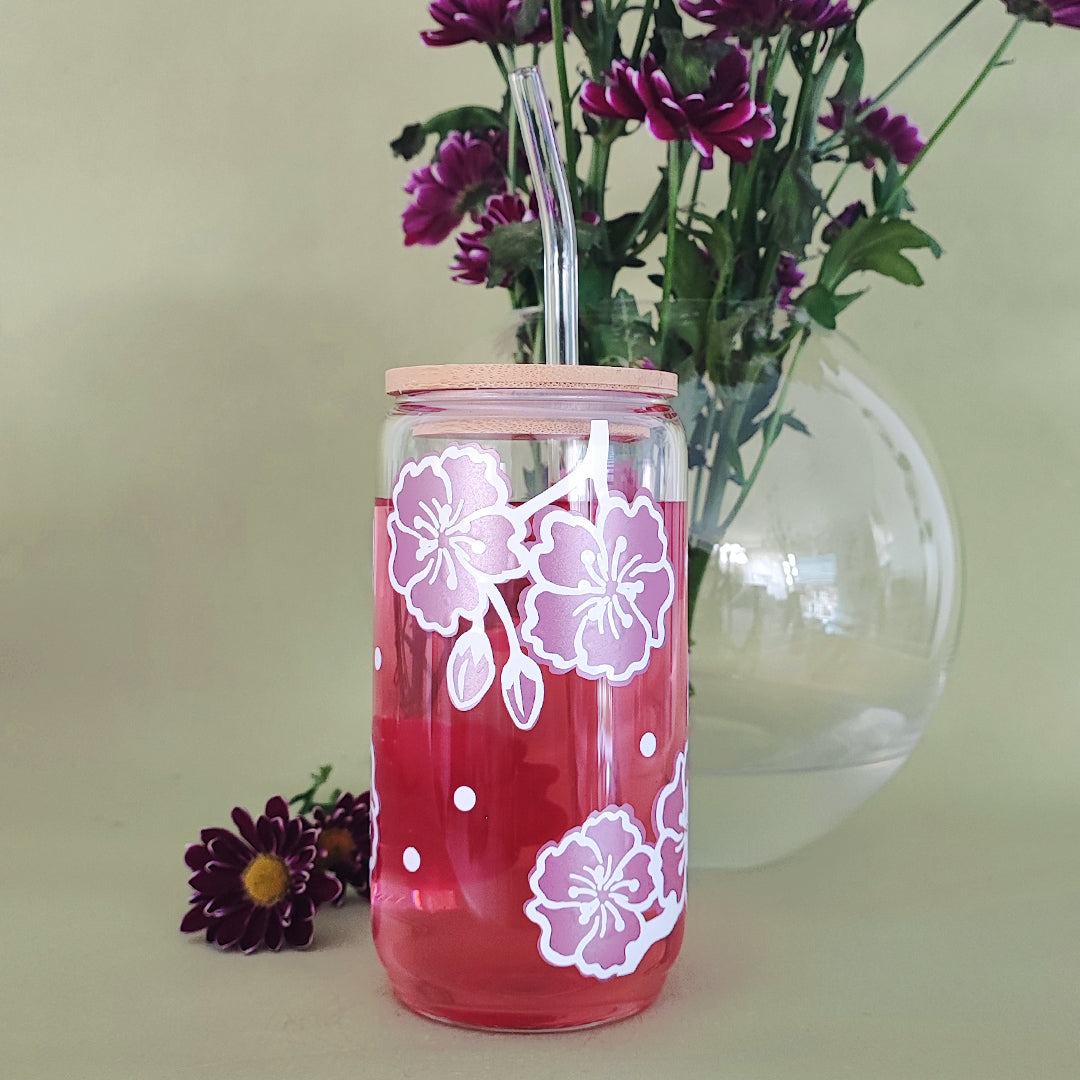 Glasbecher "Kirschblüten" mit Holzdeckel & Glasstrohhalm, 500 ml