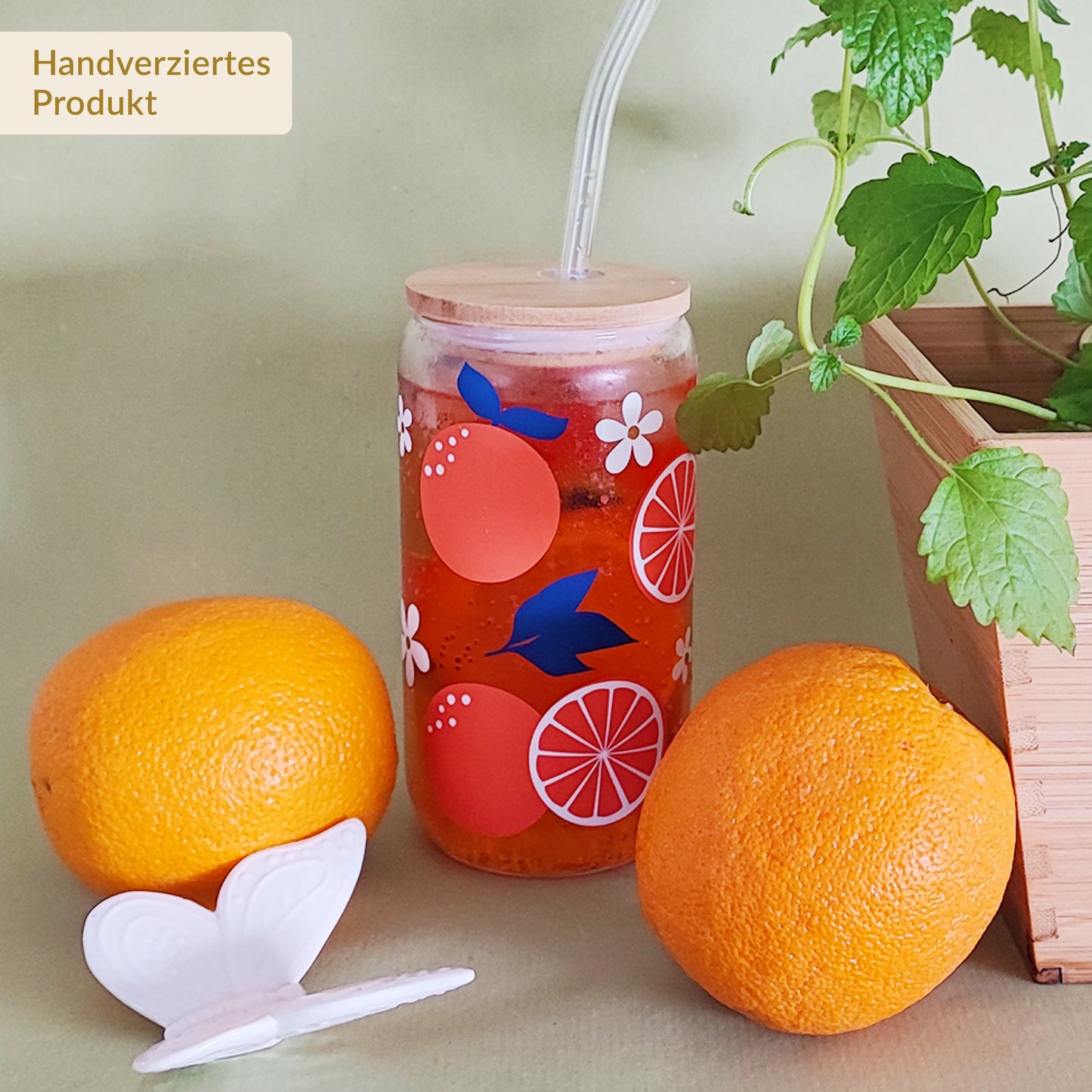 Glasbecher "Orangen" mit Holzdeckel & Glasstrohhalm, 500 ml