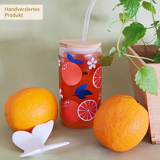 Glasbecher "Orangen" mit Holzdeckel & Glasstrohhalm, 500 ml
