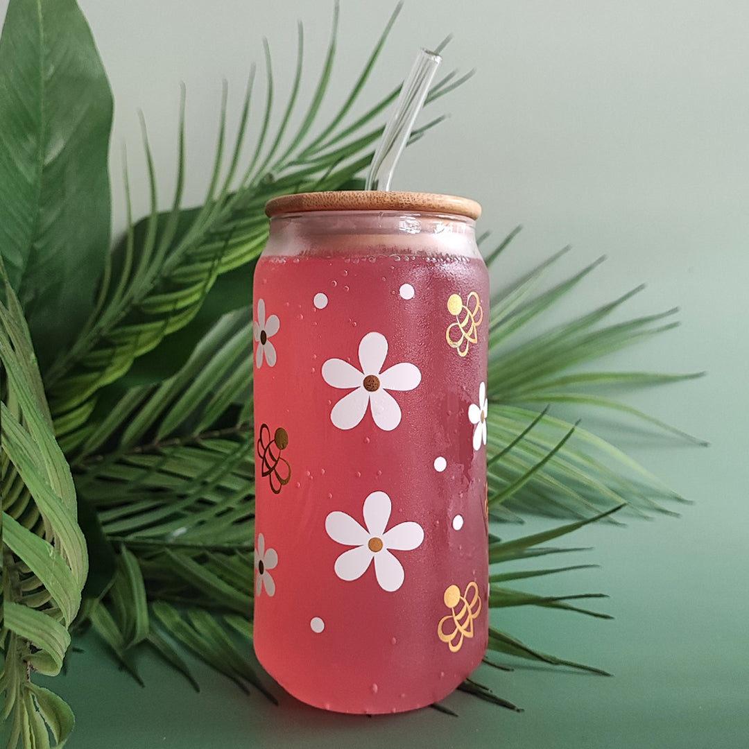 Glasbecher "Bienchen" mit Holzdeckel & Glasstrohhalm, 500 ml