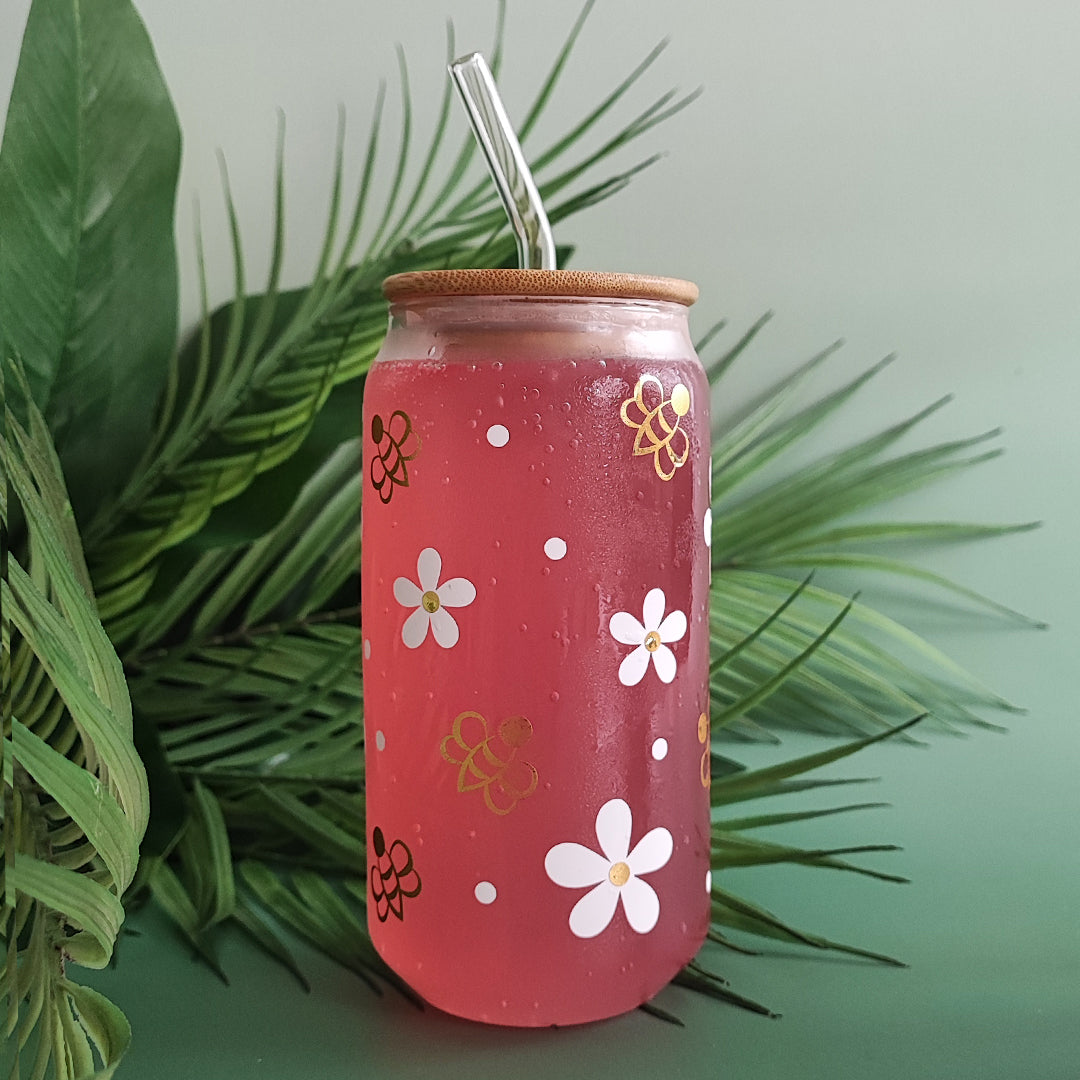 Glasbecher "Bienchen" mit Holzdeckel & Glasstrohhalm, 500 ml