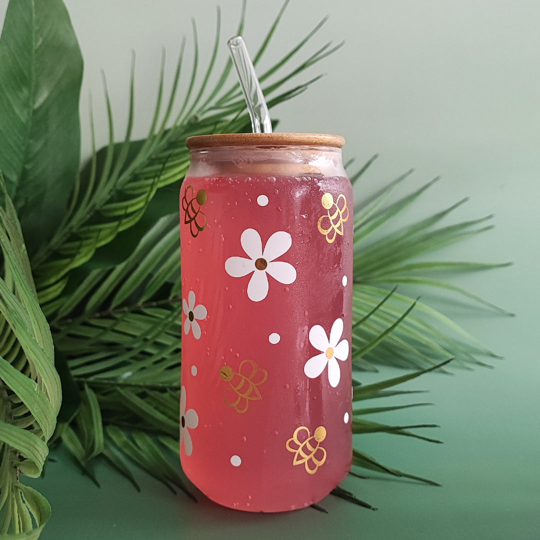 Glasbecher "Bienchen" mit Holzdeckel & Glasstrohhalm, 500 ml