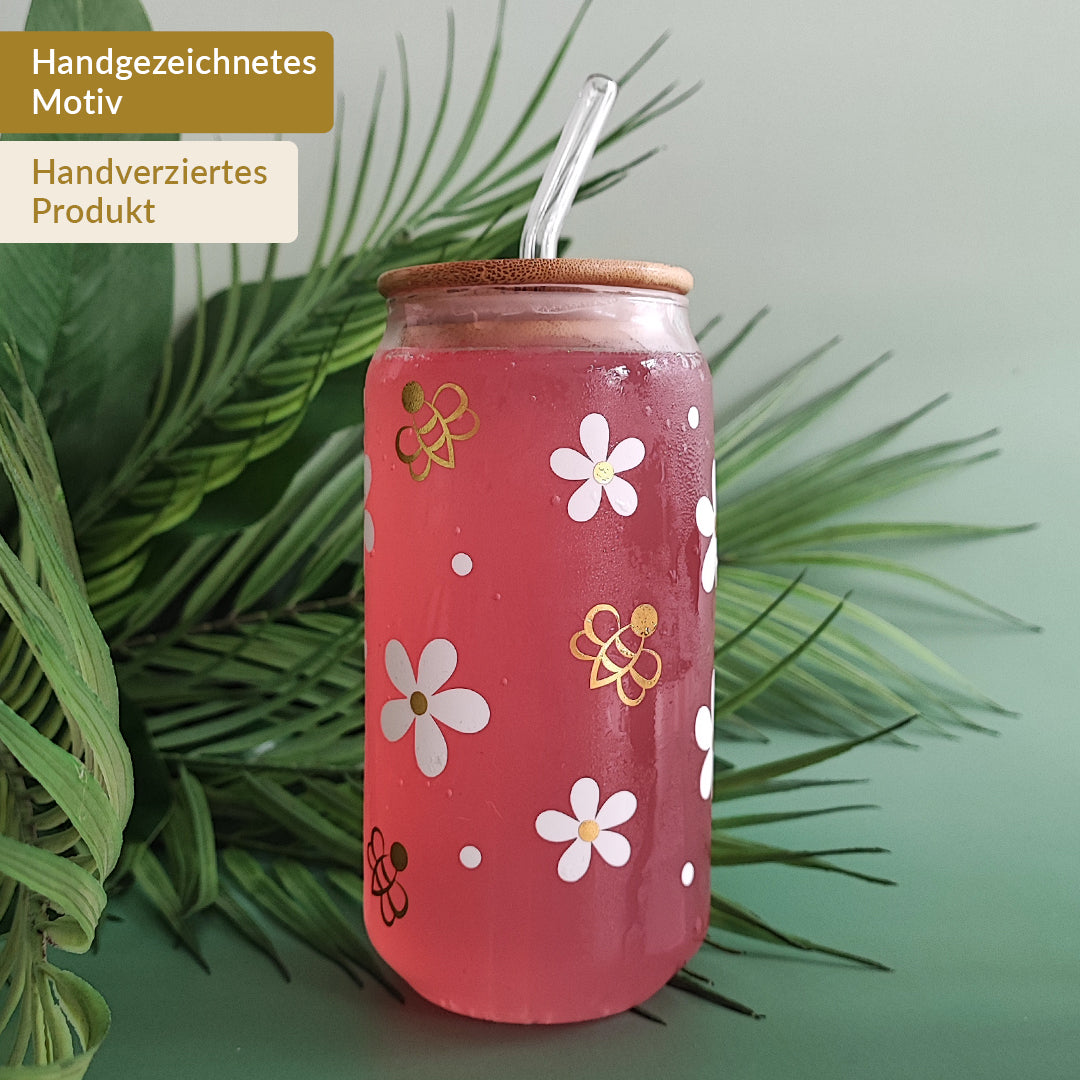 Glasbecher "Bienchen" mit Holzdeckel & Glasstrohhalm, 500 ml