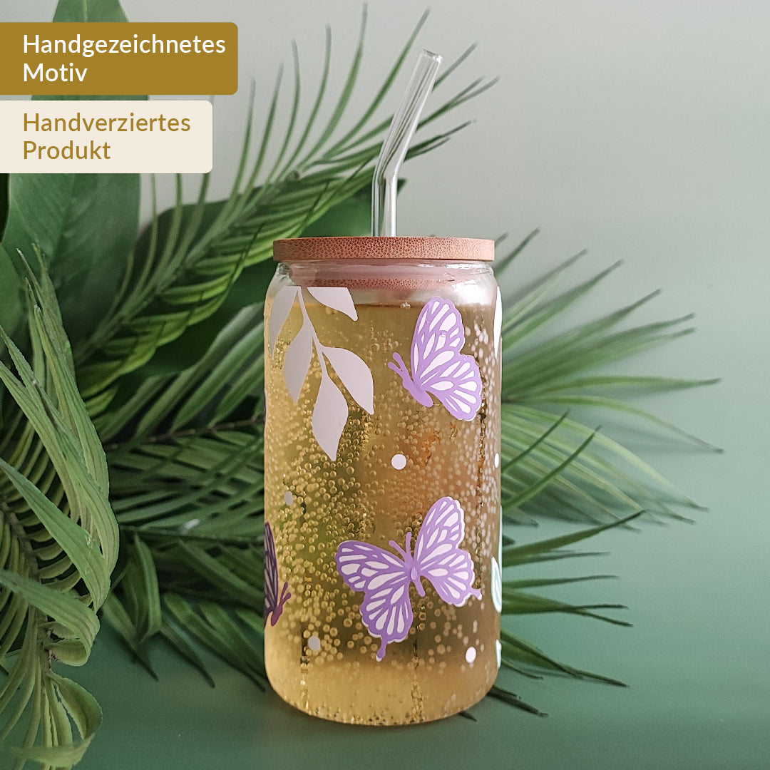 Glasbecher "Schmetterlinge" mit Holzdeckel & Glasstrohhalm, 500 ml