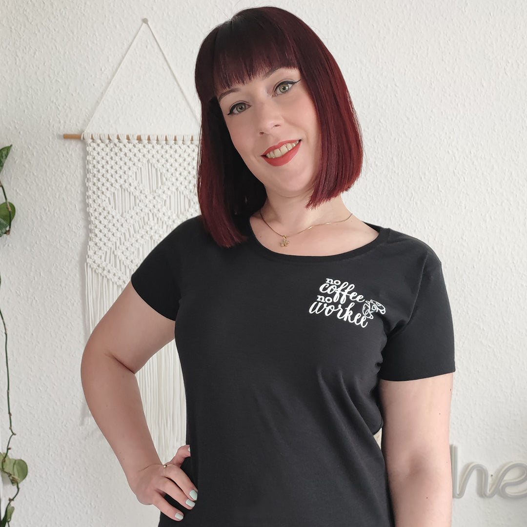 T-Shirt "no coffee, no workee", schwarz mit weiss