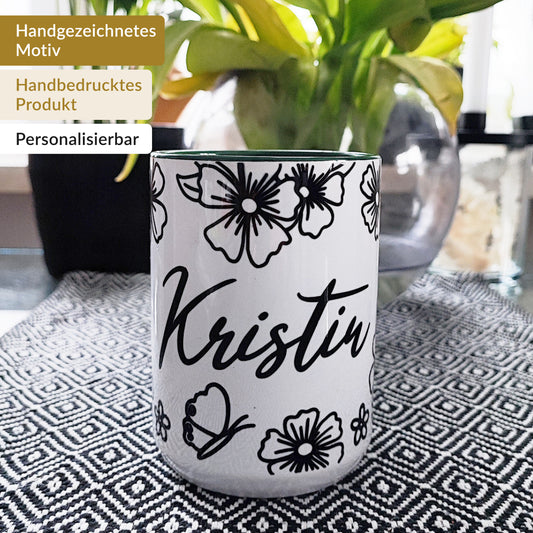 Tasse "Flowers", Name PERSONALISIERBAR, 425 ml (spülmaschinenfest)