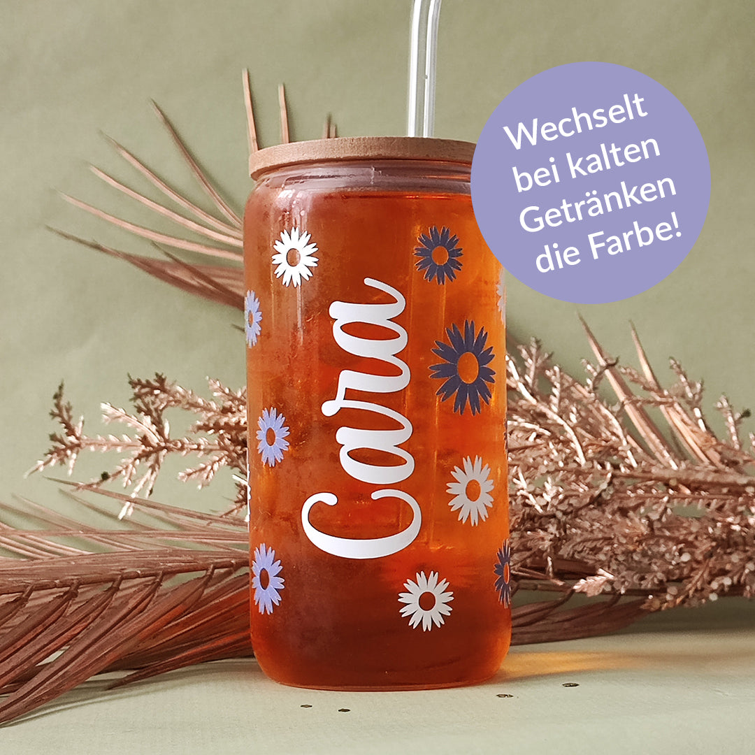 Glasbecher "Daisies" mit Farbwechsel und Name, 500 ml, personalisierbar